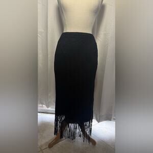Express Classic Black Pencil Skirt with lace overlay and fringe detail.